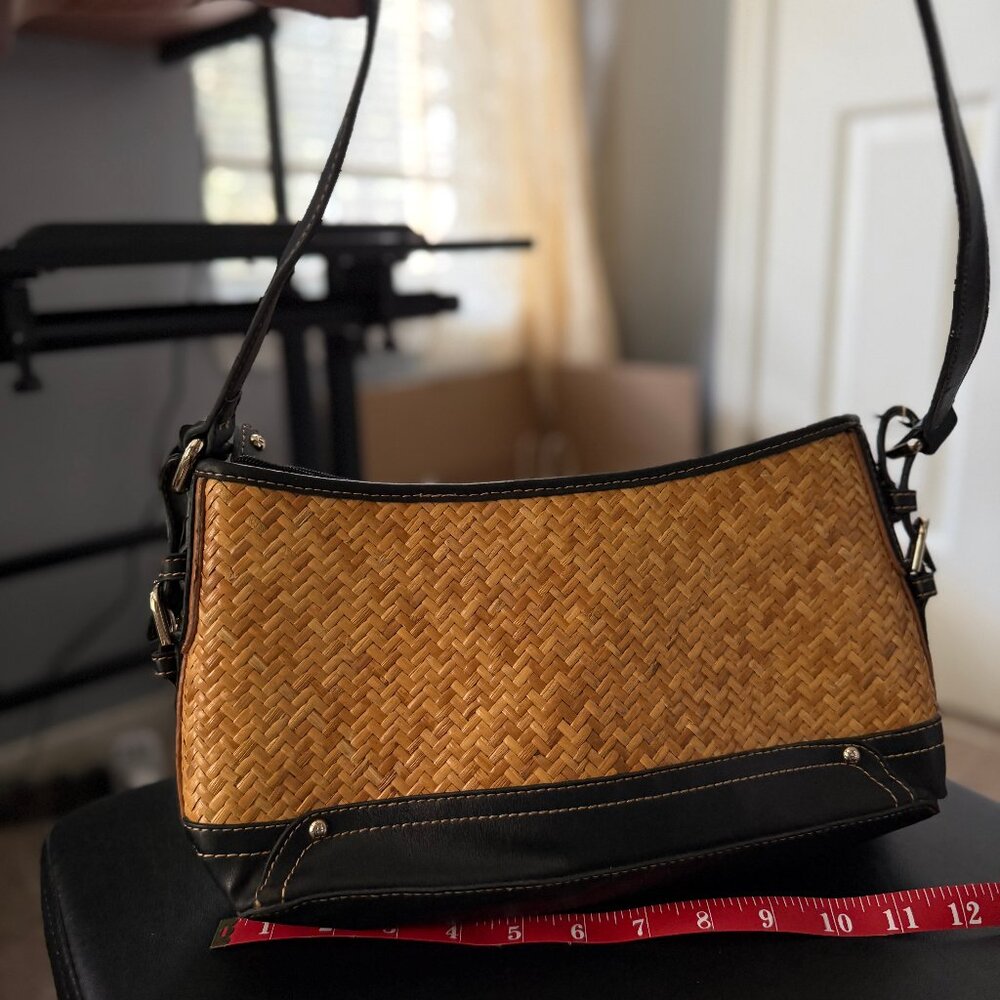 Etienne Aigner Black Leather & Woven Rattan Small Shoulder Bag; Logo Hang Tag